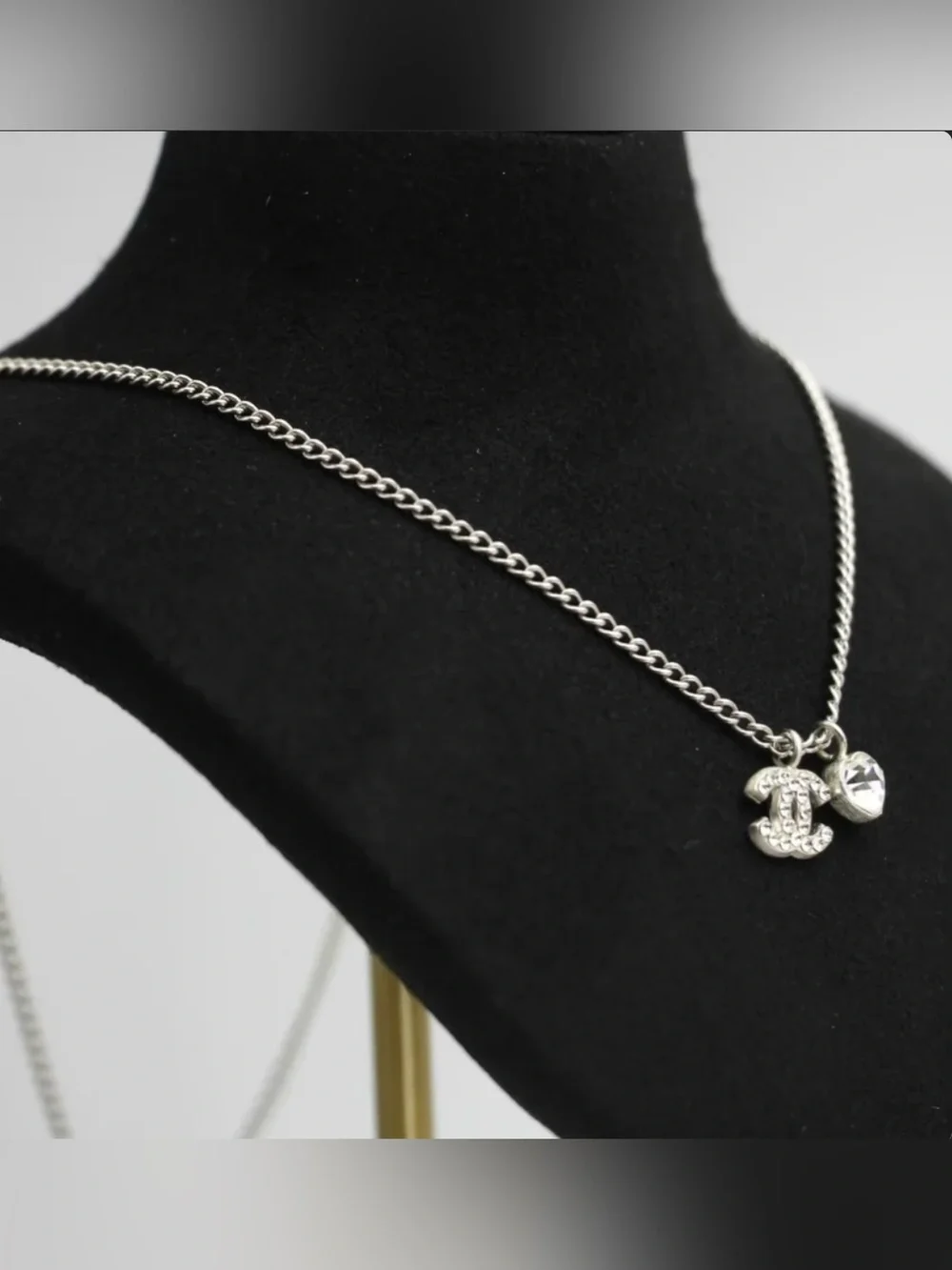 Chanel CC Rhinestone Charm Necklace with Heart Pendant